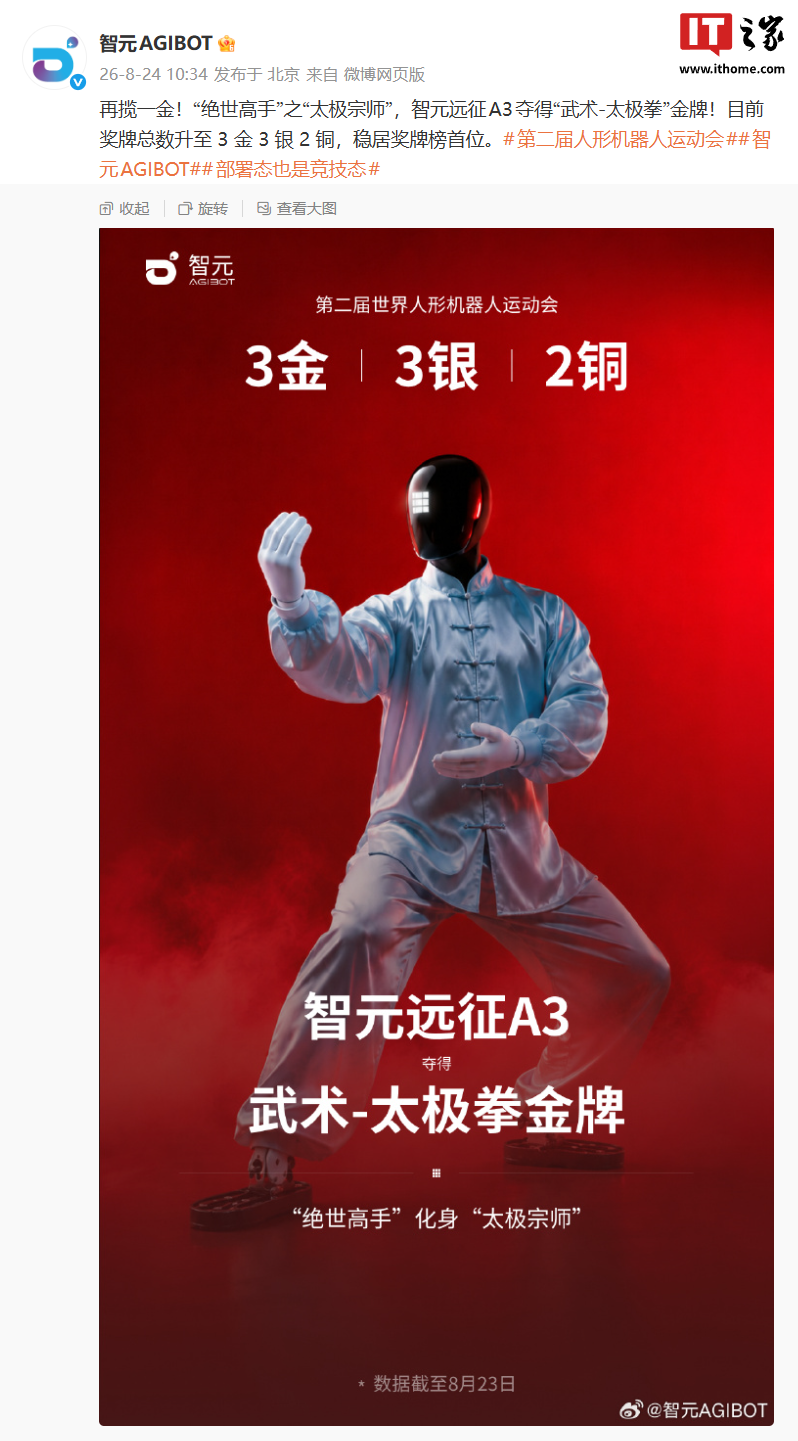 智元远征A3夺得第二届世界人形机器人运动会“武术-太极拳”金牌