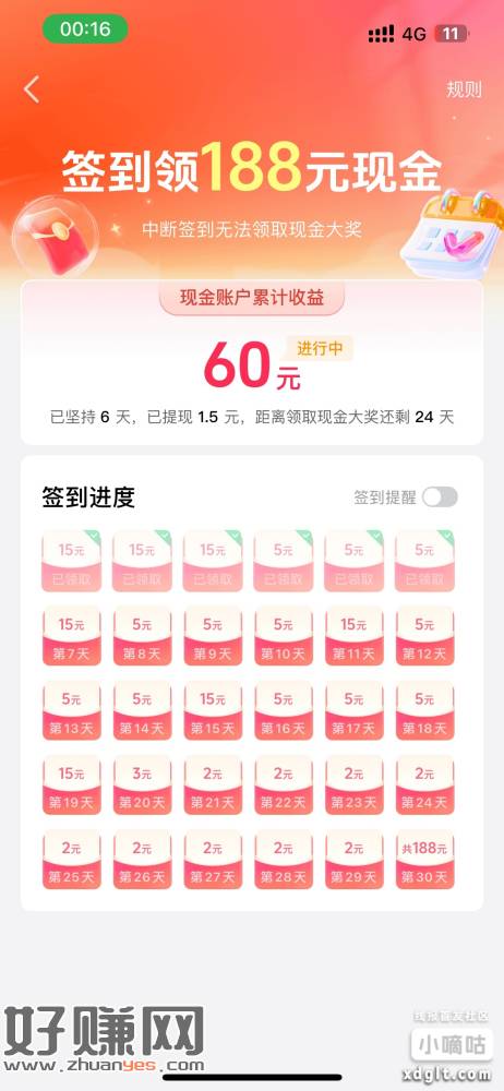 番茄小说签到188现金每天可以提现0.3，不扣余额