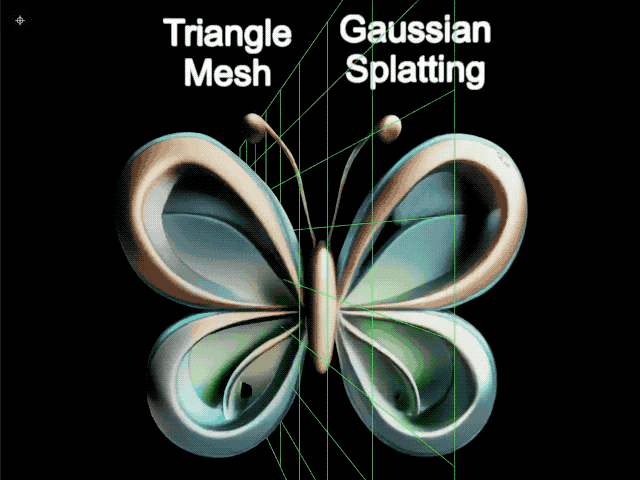 左侧使用纹理映射三角网格，右侧使用高斯斑点，对同一对象进行渲染。