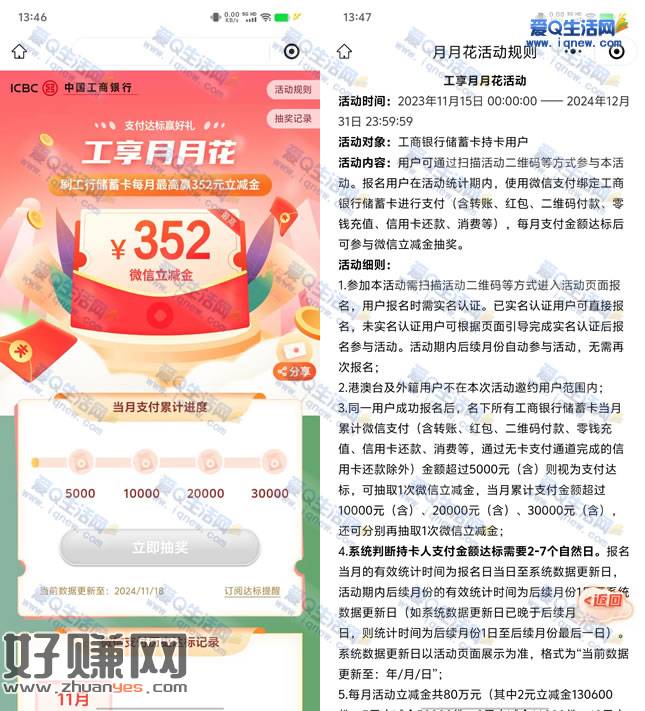 工行工享月月花消费达标赢最高352元立减金