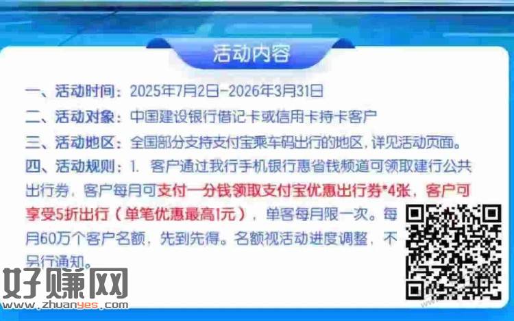 建行1分钱出行券