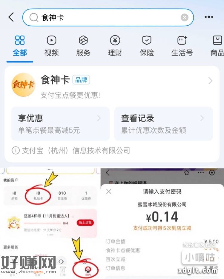 ①zfb搜：食神卡，领随机立减3~5 左右