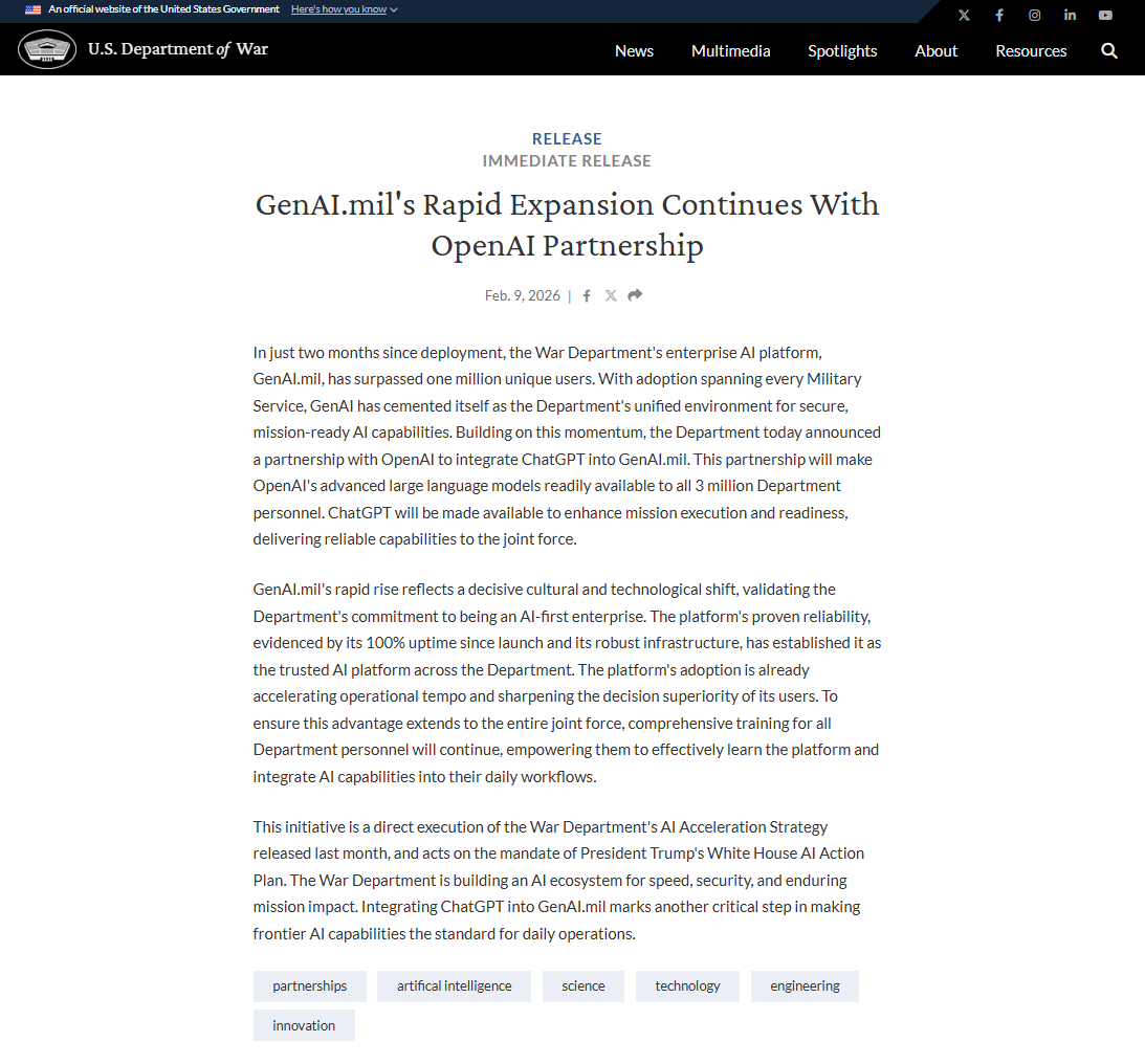 新时代序章？OpenAI携ChatGPT“入主”美国防部AI平台