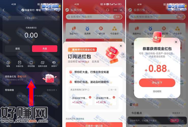 抖音订阅行情播报最高10元现金 亲测0.88元秒到