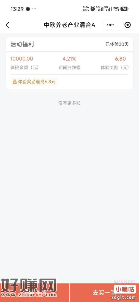 中欧基金第一个30天的体验完了，去看看可以领了，我领了6.8