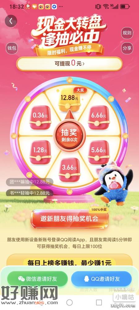 QQ阅读新人搜索现金大转盘，应该会送一次保底0.36