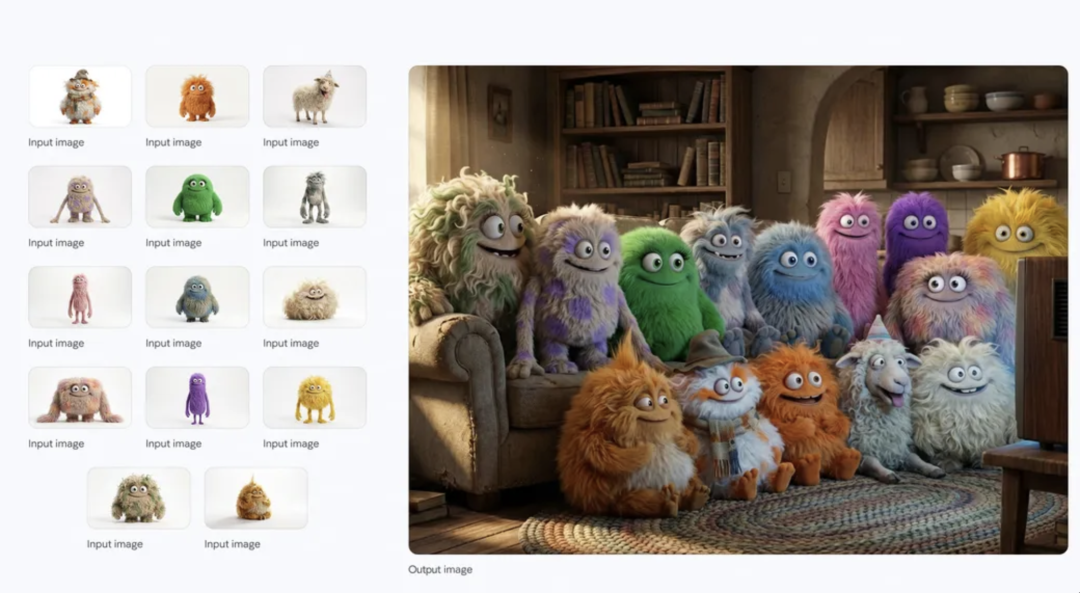 提示词：一个中景镜头，14个毛茸茸的小家伙并排挤在一张米色旧布艺沙发上和地板上。它们都面向前方，看着一台老式木盒电视机，电视机放在沙发前的一张矮木桌上。房间光线昏暗，左侧窗户透进温暖的光线，电视机的光芒照亮了小家伙们的脸庞和毛茸茸的触感。背景是一个温馨略显凌乱的客厅，铺着编织地毯，书架上摆放着旧书，远处可见一些质朴的厨房元素。整体氛围温暖、舒适而又充满趣味。