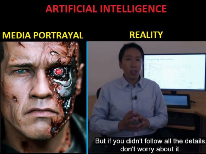 搞笑哏图：“幻想中的AI：终结者；现实中的AI：吴恩达公开课”