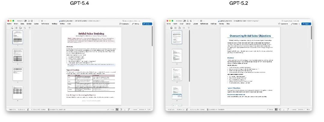GPT-5.2与GPT-5.4文档输出的并排示例