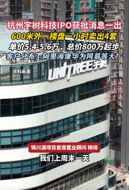 宇树科技IPO获批消息一出 600米外楼盘1小时卖出4套 总价800万起步