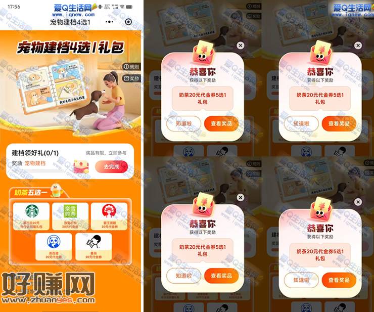 平安好车主宠物建档 奶茶20元代金券五选一
