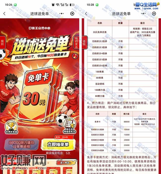口味王进球送免单 抽30元口味王免单卡