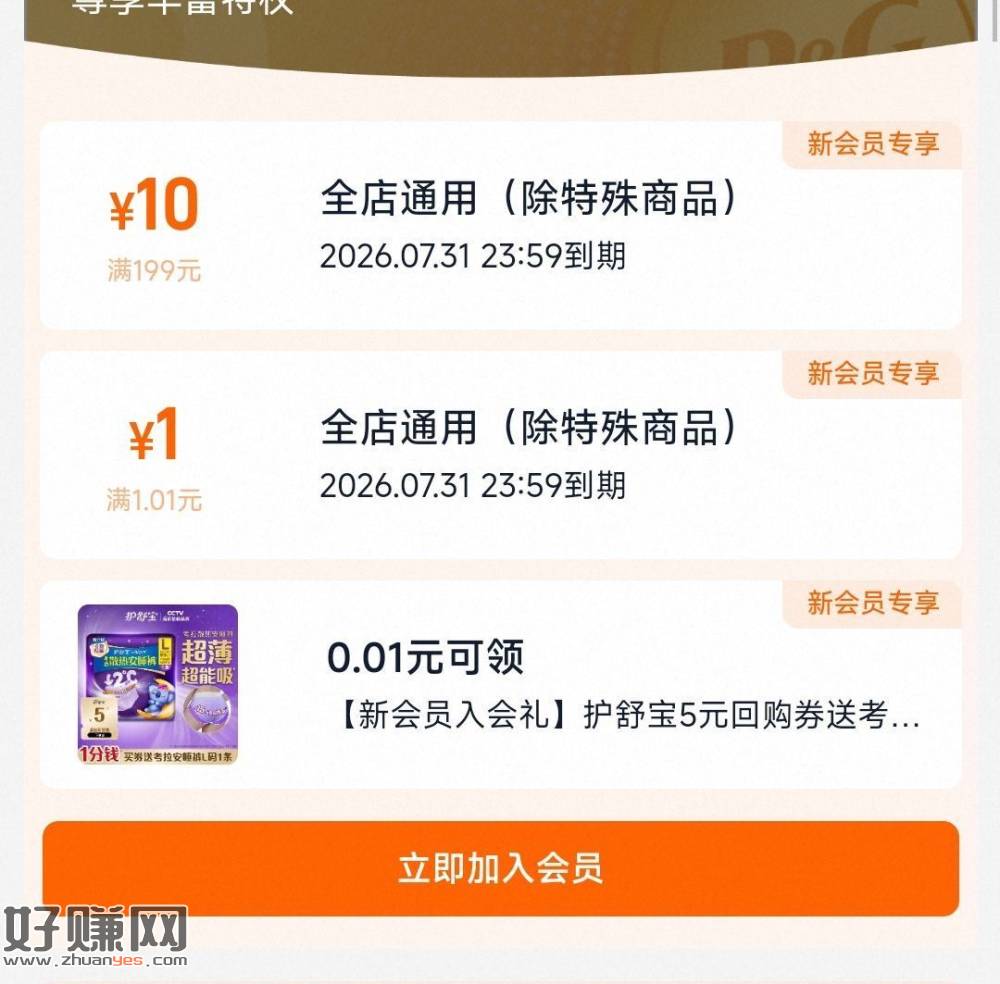 宝洁入会礼0.01💰安睡裤1条