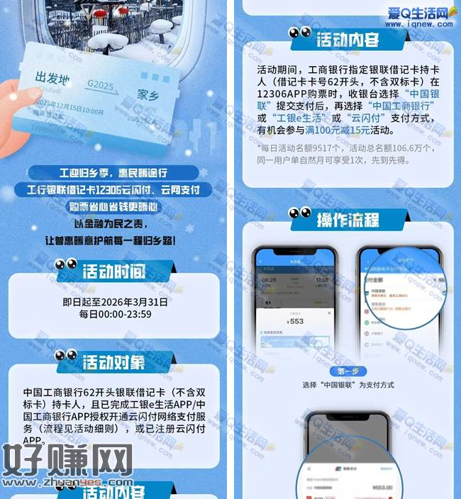 工行购火车票享100-15元优惠 名额106.6万个