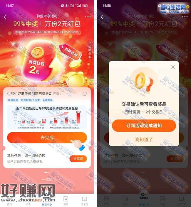 支付宝中欧基金 完成任务2元消费红包