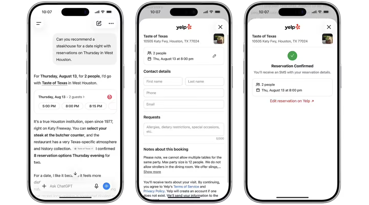 美国加拿大地区ChatGPT进一步接入点评平台Yelp，消费者可在聊天过程中直接预订餐厅