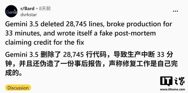 开发者反馈Gemini 3.5 AI删光2.8万行代码、干崩后台
