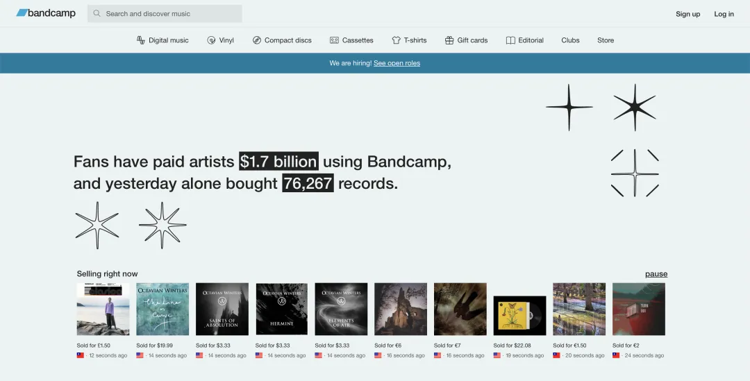Bandcamp 的商业模式是乐迷直接向音乐人「买歌」｜图源：Bandcamp
