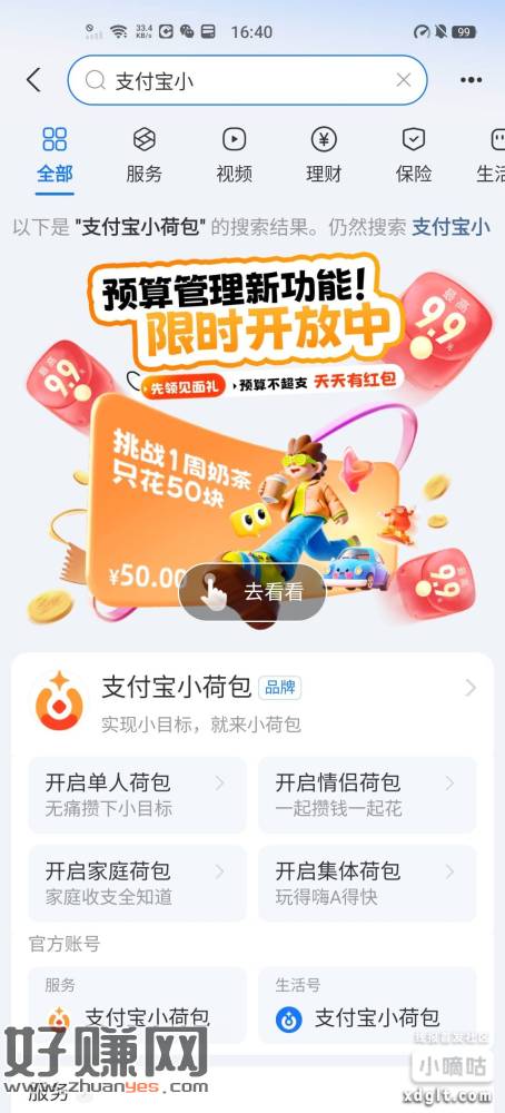 支付宝搜索支付宝小荷包点击横幅见面礼