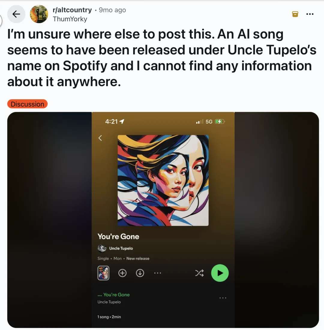 有乐迷发现，在一名已去世的歌手 Spotify 页面里居然上传了新歌（AI 制作的）｜图源：Reddit