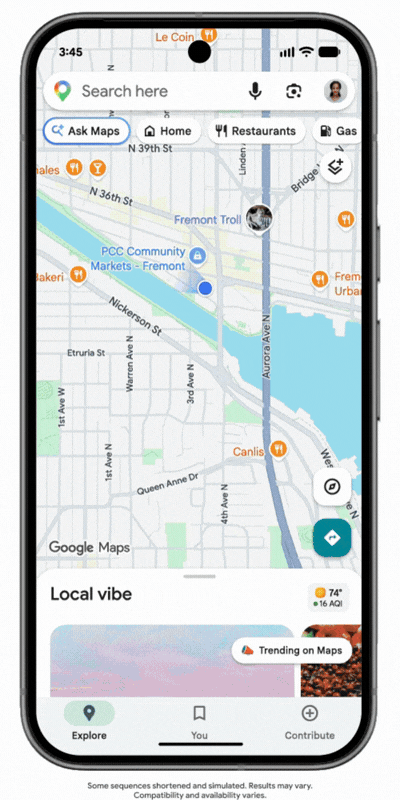 A GIF demonstrating how to order food using the Ask Maps feature in Google Maps.