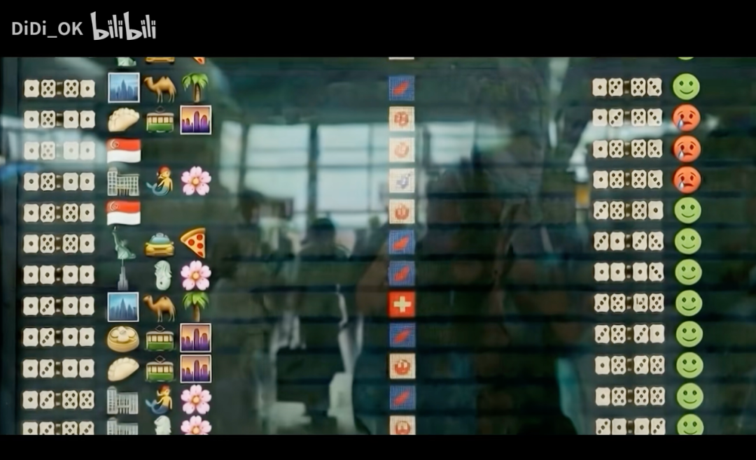 《牌子》中虚构了失去文字后的社会，航班信息由emoji显示。（图/DiDi_OK创作AI视频《牌子》）