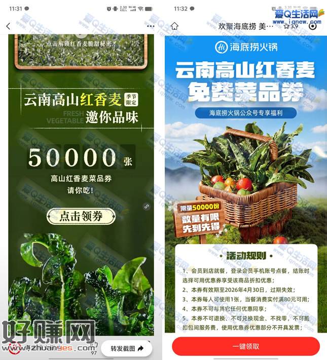 免费领海底捞高山红香麦菜品券 随单使用